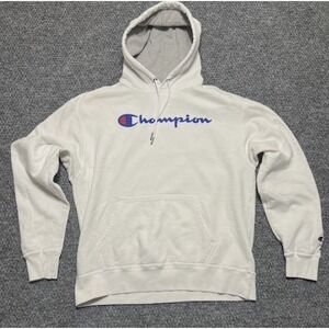 Champion Men's L White Pullover Hoodie Fleece Cotton Hooded Logo Long Sleeve